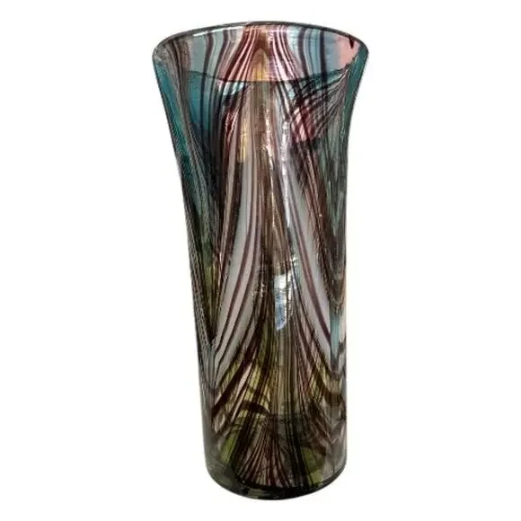 Murano Glassware Tall Brown White Blue Hand Blown Glass Vase